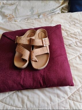BareTraps Cork-Texture Tan Slide Sandals with Buckle